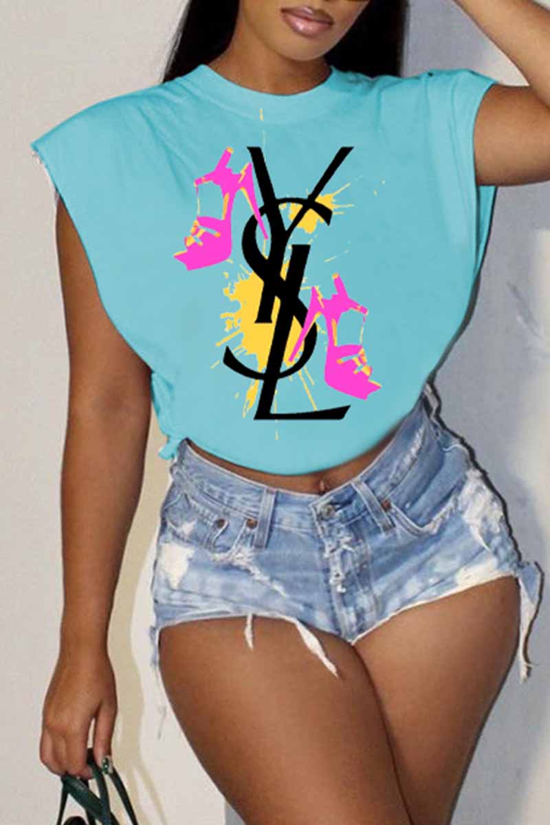 

Baby Blue Fashion Elegant Print Letter O Neck T-Shirts
