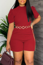 Red Casual Solid Patchwork With Belt O Neck Straight Jumpsuits