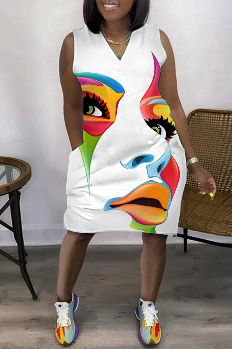 

White Orange Fashion Casual Print Patchwork V Neck Sleeveless Plus Size Dress