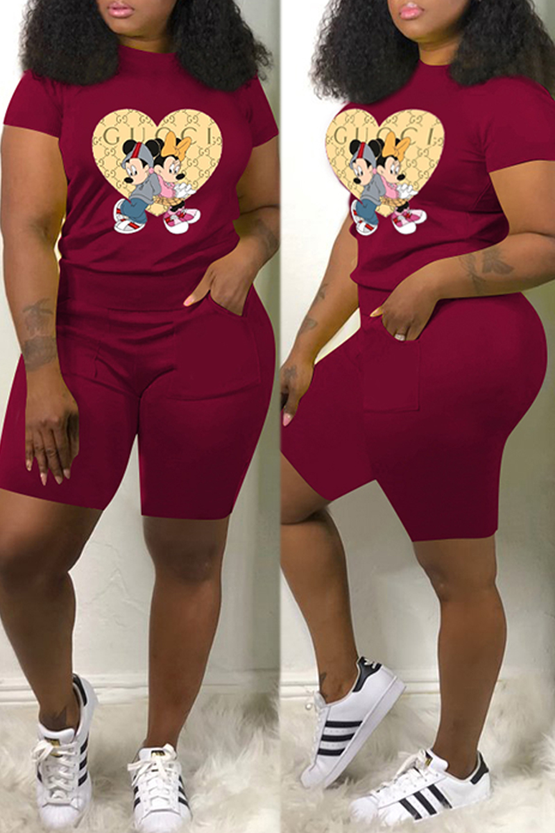 

Burgundy Fashion Street Character Print Letter O Neck Short Sleeve Two Pieces