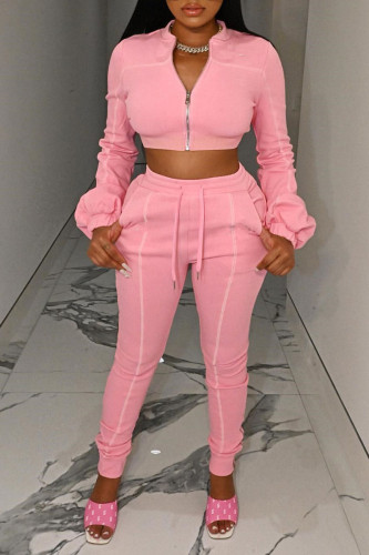 Pink Casual Solid Patchwork Long Sleeve Two Pieces