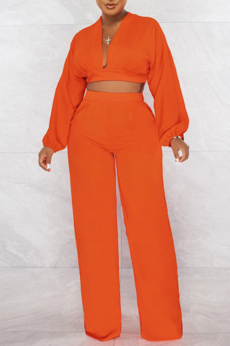 Tangerine Sexy Solid Patchwork Backless V Neck Long Sleeve Two Pieces