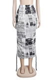 Witte mode casual print patchwork trekkoord normale hoge taille rok