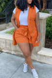 Cárdigan de retazos con estampado de rayas informal de moda naranja cuello vuelto de talla grande dos piezas (sin camiseta)
