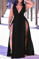 ブラックファッションカジュアルソリッドパッチワークスリットVネックノースリーブドレス