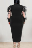 Zwarte casual effen patchwork O-hals rechte jurken met grote maten