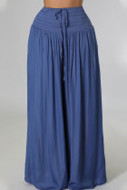 Blue Casual Solid Patchwork Fold High Waist Wide Leg Solid Color Bottoms