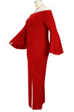 Rojo sexy sólido patchwork hendidura del hombro vestido de noche vestidos de talla grande