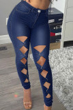 Lichtblauwe modieuze casual effen uitgeholde skinny jeans met hoge taille
