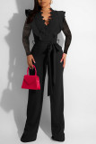 Black Sexy Solid Lace Bandage Patchwork Flounce V Neck Straight Jumpsuits