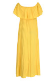 黄色のカジュアルでエレガントなソリッドパッチワークは、肩のストレートドレスを折りたたむ