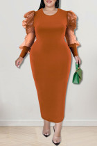 オレンジレッドカジュアルソリッドパッチワークOネックストレートプラスサイズドレス