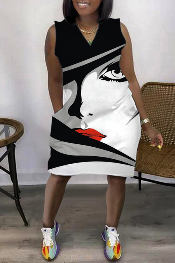 Schwarz Grau Fashion Casual Print Patchwork V-Ausschnitt ärmelloses Kleid in Übergröße