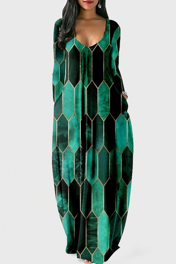 Svart Grön Mode Casual Print Patchwork V-hals långärmade klänningar