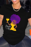 Camisetas con cuello en O de patchwork con estampado vintage de moda negro púrpura
