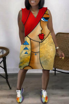 赤黄色ファッションカジュアルプリントパッチワークVネックノースリーブプラスサイズのドレス