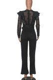Black Sexy Solid Lace Bandage Patchwork Flounce V Neck Straight Jumpsuits