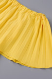 黄色のカジュアルでエレガントなソリッドパッチワークは、肩のストレートドレスを折りたたむ