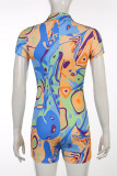 Colour Fashion Print Patchwork Buckle Turndown Collar Skinny Rompers