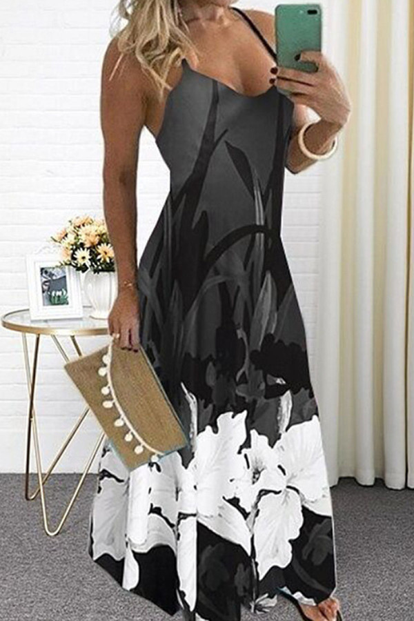 Vestido de tirante de espagueti con estampado casual de patchwork gris Vestidos