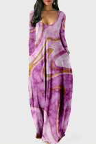 Lila Mode Casual Print Patchwork V-hals långärmade klänningar