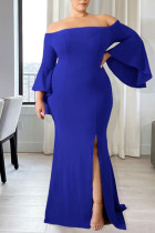 Azul sexy sólido patchwork hendidura del hombro vestido de noche vestidos de talla grande