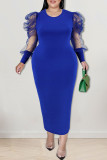 Blue Casual Solid Patchwork O Neck Straight Plus Size Dresses