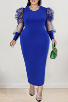Blauwe casual effen patchwork O-hals rechte jurken met grote maten