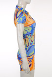 Colour Fashion Print Patchwork Buckle Turndown Collar Skinny Rompers