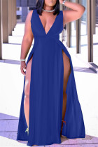 Blauwe mode casual effen patchwork spleet v-hals mouwloze jurk