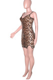 Estampado de leopardo Estampado sexy Patchwork de leopardo Correa de espagueti Vestido de tirantes Vestidos