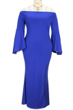 Синее сексуальное однотонное вечернее платье в стиле пэчворк с разрезом на плече Платья больших размеров