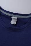 Темно-синие модные винтажные лоскутные футболки с буквенным вырезом и круглым вырезом