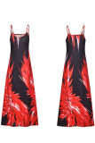 Röda Casual Print Patchwork Spaghetti Strap Sling Dress Klänningar