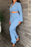 Blue Fashion Casual Solid Patchwork V Neck Long Sleeve Two Pieces