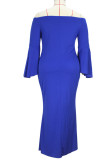 Blauwe sexy effen patchwork spleet off-shoulder avondjurk plus size jurken