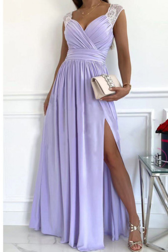 Purple Casual Solid Patchwork Slit V Neck Dresses