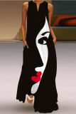 Schwarzes, modisches, lässiges, ärmelloses Kleid mit Patchwork-V-Ausschnitt in Übergröße