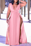 Roze mode casual effen patchwork spleet v-hals mouwloze jurk