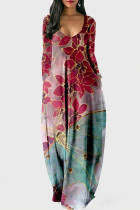 Fuchsia Fashion Casual Print Patchwork V-Ausschnitt Langarm Kleider