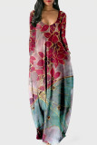 Vestidos de manga comprida roxo moda casual estampa patchwork decote em v