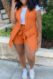 Оранжевый модный повседневный полосатый принт в стиле пэчворк кардиган с отложным воротником плюс размер из двух частей (без футболки)