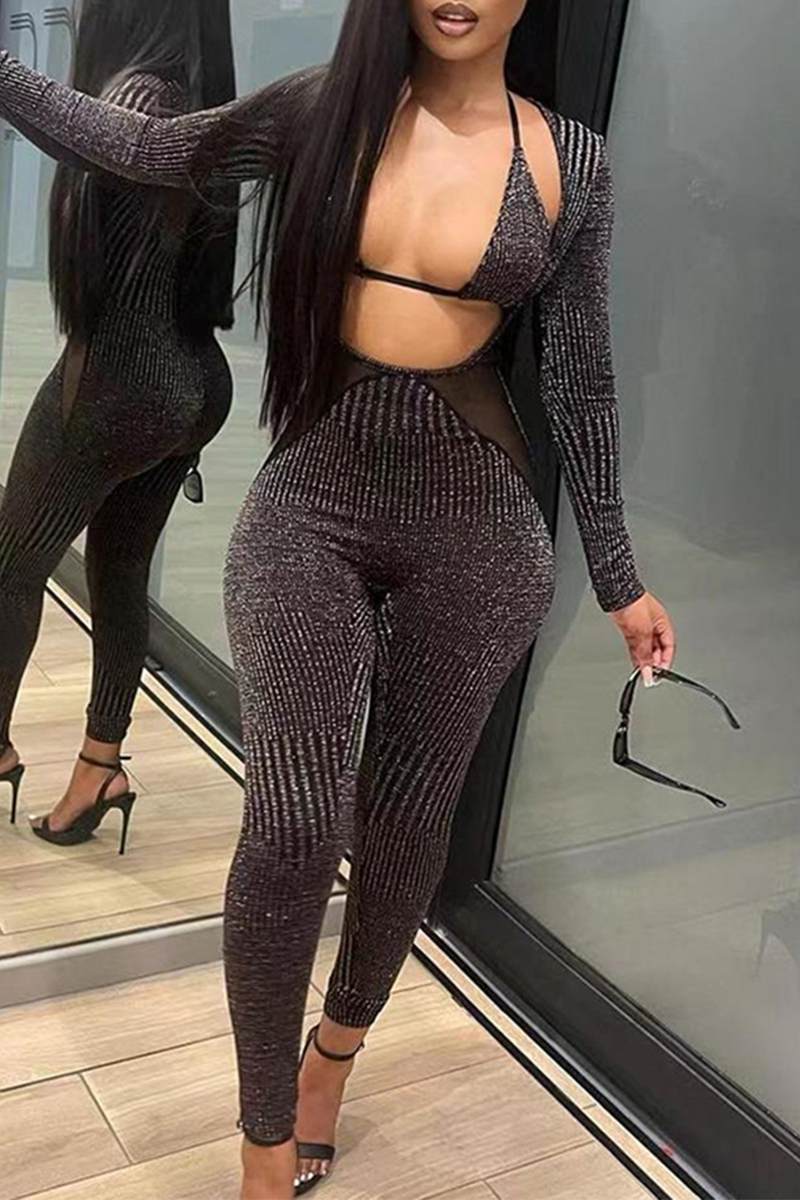 

Black Sexy Solid Draw String Halter Long Sleeve Two Pieces