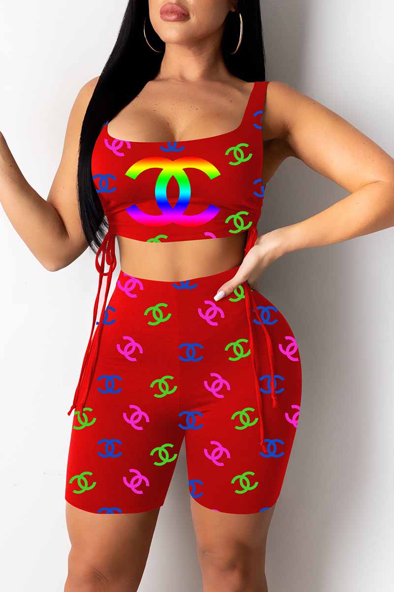 

Red Fashion Casual Print Letter U Neck Sleeveless Two Pieces