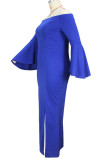 Синее сексуальное однотонное вечернее платье в стиле пэчворк с разрезом на плече Платья больших размеров