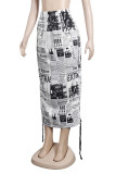 Vit Mode Casual Print Patchwork Draw String Vanlig kjol med hög midja