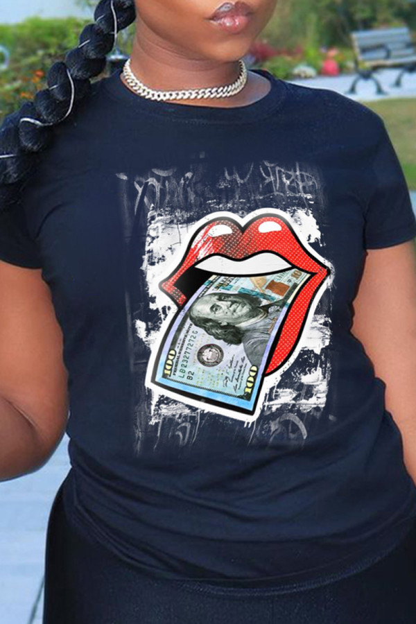 Schwarze Mode-Straßen-Lippen bedruckte Patchwork-T-Shirts mit O-Ausschnitt