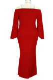 Rojo sexy sólido patchwork hendidura del hombro vestido de noche vestidos de talla grande