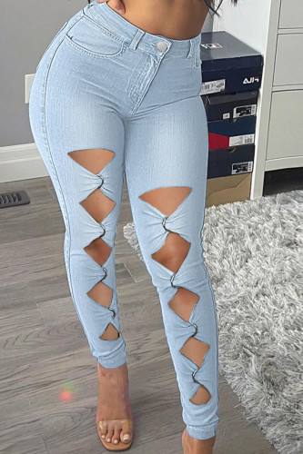 Light Blue Fashion Casual Solid Hollowed Out High Waist Skinny Denim Jeans
