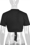 ブラックファッションカジュアルレタープリント包帯VネックTシャツ